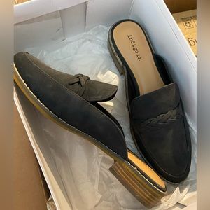 Black faux suede mules